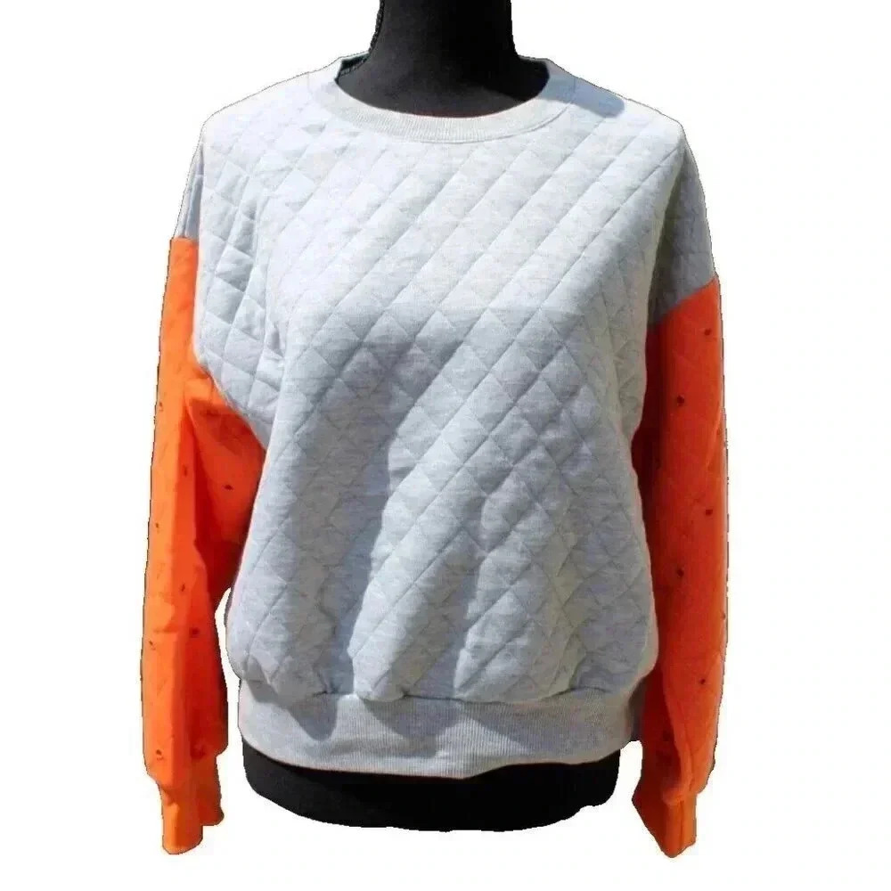 New Revolve English Rose Gray / Orange Quilted Sweatshirt Small NWT